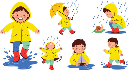 Little boy wearing yellow raincoat vector illustration set jumping in puddle walking with umbrella and looking at snail © MST