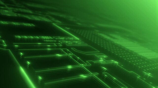 Futuristic digital motherboard circuit board green glow.