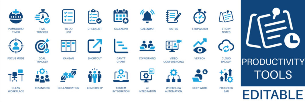 Productivity tools and collaboration solid icon set. Featuring leadership, teamwork, calendar, workflow automation, gantt chart, and time tracker. Editable vector icon for project management and work.