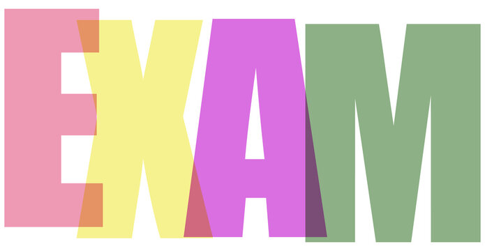 Multicolored exam text with drop shadow effect letters transparent background