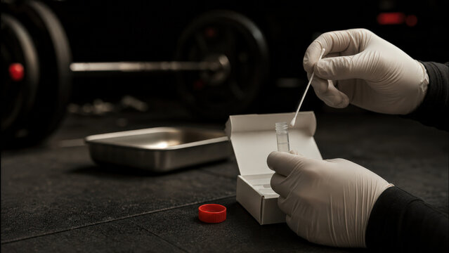 Gloved hands preparing DNA cheek swab test kit