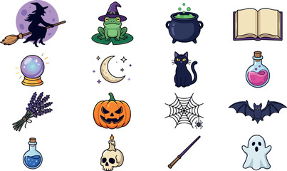 Naklejka premium Cute Halloween Magic Icon Collection with Witch, Black Cat, Cauldron, Pumpkin, Ghost, Potion and Spooky Hand Drawn Vector Set