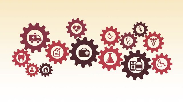 Animated network of interconnected dark red gear wheels containing flat medical icons. Healthcare industry, hospital logistics, pharmacy, and medical technology synchronization concept animation.
