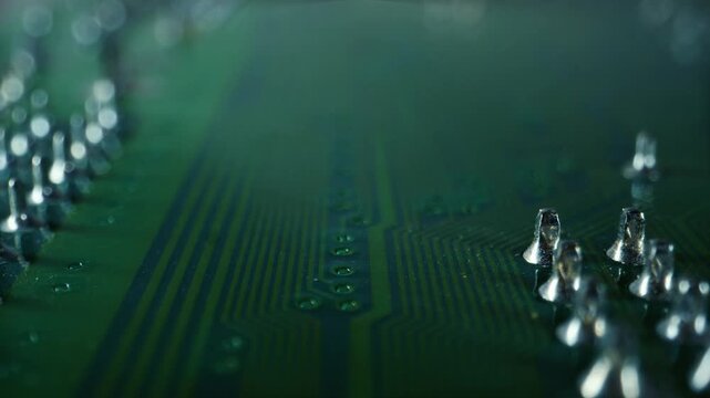 Extreme macro scan tracking shot of a green printed circuit board. High tech computer component motherboard panel showing solder joints, copper lines, and integrated microchip architecture.