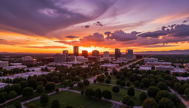 A panoramic cityscape of Denver downtown skyline under a dramatic golden sunset sky, viewed from a lush green public park, created with generative ai.
