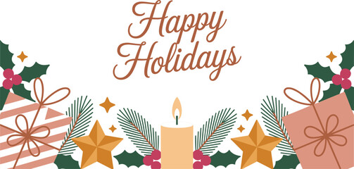 Happy holidays horizontal banner vector background with Christmas gifts boxes candle stars and botanical holly berry elements © MSTJAKIA