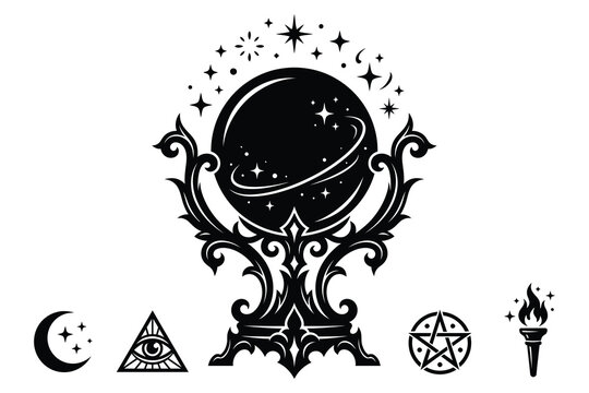 Mystical occult symbols featuring crystal ball and esoteric emblems design