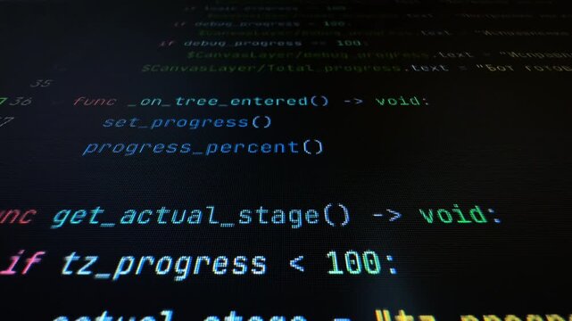 Macro digital screen capture of scrolling software programming source code lines. Glitchy multicolored cyber security hacking script commands running on an interactive developers dashboard.
