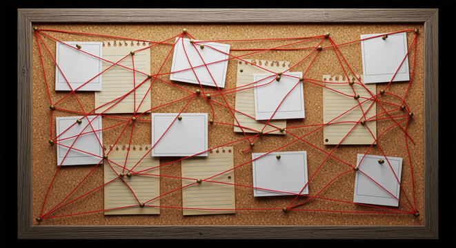 Detective investigation board with red string, conspiracy corkboard with blank notes and pins, crime mystery concept