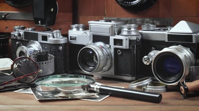 Old cameras in a composition on a wooden background, slowly moving in a horizontal plane.