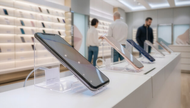 Modern smartphone retail store interior with a wide variety of new smartphones displayed on illuminated shelves and demo tables