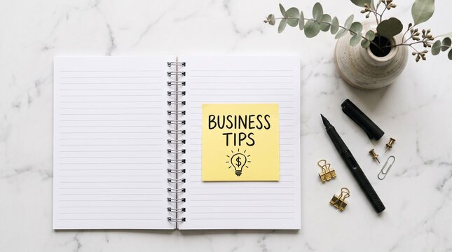 Business Tips handwritten on yellow sticky note, open spiral notebook on white marble desk, professional office workspace with stationery and plant