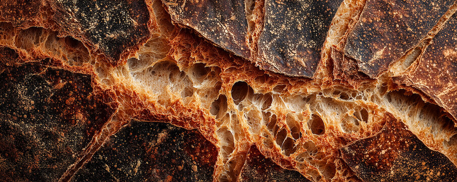Background texture of freshly baked rustic bread crust with flour patterns