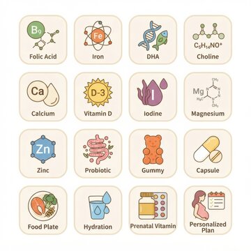 Icons show various prenatal supplements and vitamins beneficial for maternal health during pregnancy including folic acid, iron, and calcium