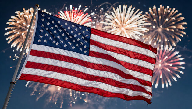 An American flag waving on a flagpole illuminated by vibrant colorful fireworks exploding in the night sky, created with generative ai.
