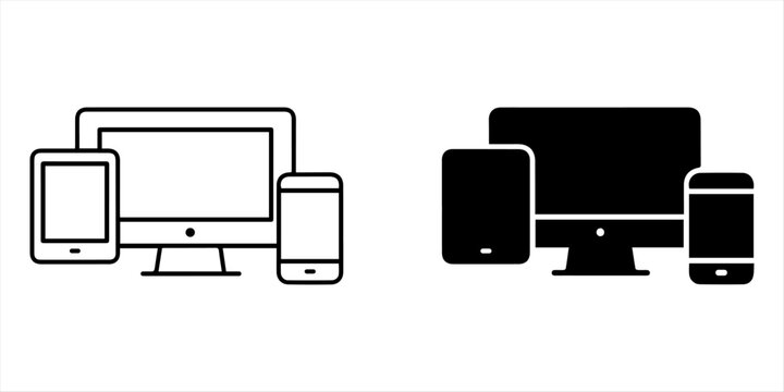 Laptop and Mobile icon - web black vector design. Laptop and Mobile icon. Desktop monitor, laptop, tablet, and smartphone collection with simple black outlines on a white background, representing mode