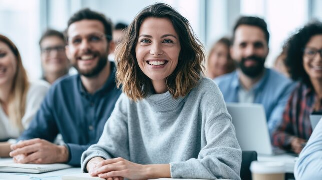 A smiling woman in a gray sweater sitting at a table with a group of people in a classroom setting.