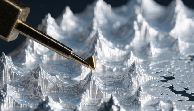 Closeup of an atomic force microscope AFM probe delicately measuring nanometerscale surface defects on a silicon wafer highlighting precision metrology techniques.