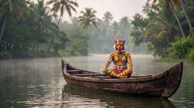 Traditional Pulikali tiger dance performer resting on a wooden canoe in serene Kerala backwaters during a misty morning, surrounded by lush tropical palm trees and calm water.