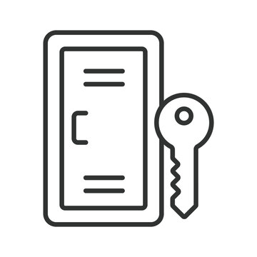 Locker with key for personal storage and security icon in line design. Locker, key, security, storage, access, personal, gym on white background vector. Locker editable stroke icon