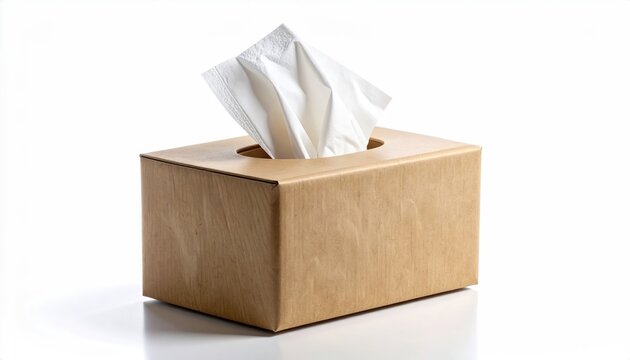 Brown cardboard tissue box with white paper tissues protruding