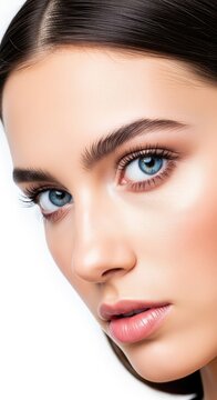 Ritratto ravvicinato di un volto con capelli castano scuro e occhi azzurri luminosi. Pelle liscia, trucco leggero e sguardo molto intenso, cinematic, eyebrows, sharp