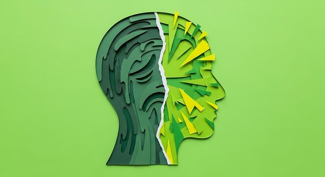 A stylized illustration of a human head in profile, split down the middle with one side smooth and the other side abstract