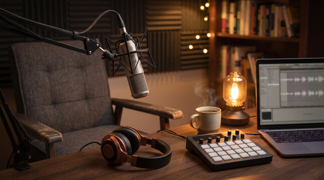 Cinematic Podcast Studio Setup with Microphone, Headphones, Mixer, and Laptop on Wooden Desk, International Podcast Day Concept