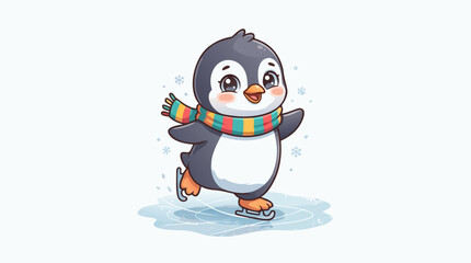 Fototapeta premium Cute Little Cartoon Baby Penguin Wearing a Colorful Striped Scarf Ice Skating on Frozen Ice
