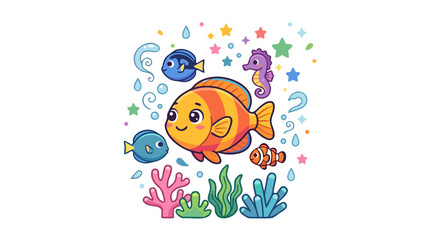 Fototapeta premium Whimsical underwater scene featuring a friendly cartoon fish, seahorse, and vibrant coral reefs, ideal for children's illustrations and ocean-themed designs