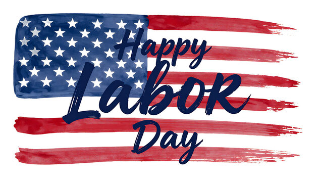 A patriotic greeting card with "Happy Labor Day" text styled over a watercolor brush stroke USA flag background, created with generative ai.
