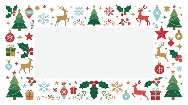 Christmas decorative border with trees ornaments reindeer snowflakes and gifts isolated on white background