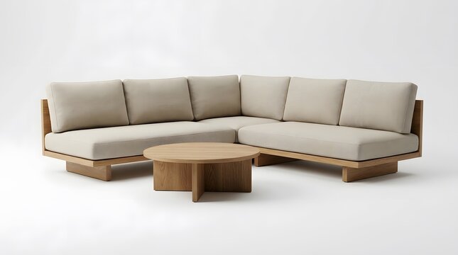 Modern l shaped sectional sofa with a round wooden coffee table for living room furniture design