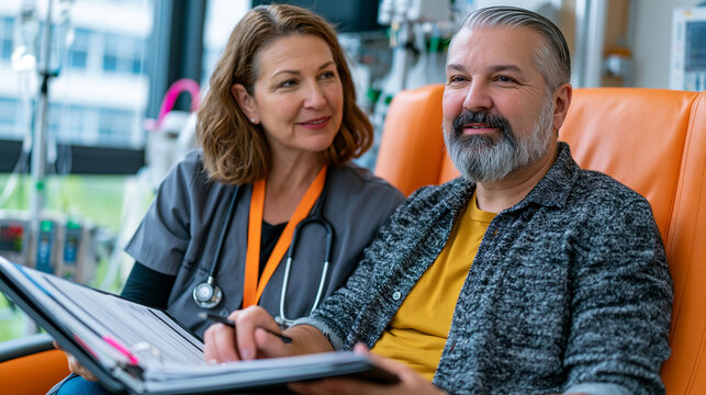 Oncology research nurse explaining clinical trial eligibility criteria to middle-aged male patient during informed consent session in infusion center private bay, study protocol binder open between 
