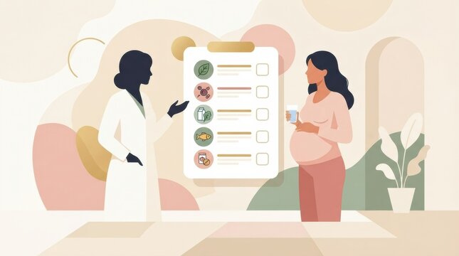 A healthcare professional discusses nutrition and prenatal supplements with a pregnant woman in a medical setting focused on maternal health.