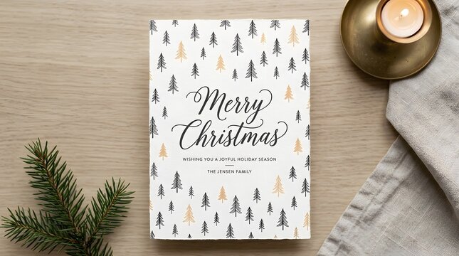Merry christmas greeting card with pine tree patterns on a grey table with holiday decor
