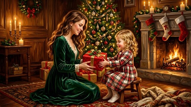 Mother and daughter opening christmas gifts by a warm fireplace and decorated tree