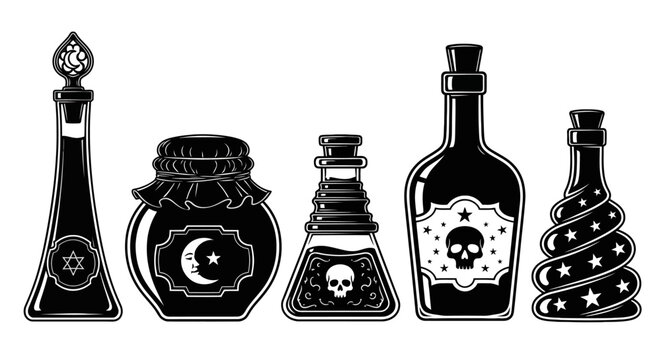 Vintage magic potion bottles vector set, mystical alchemy glass jars with skull and moon symbols, black and white occult apothecary collection