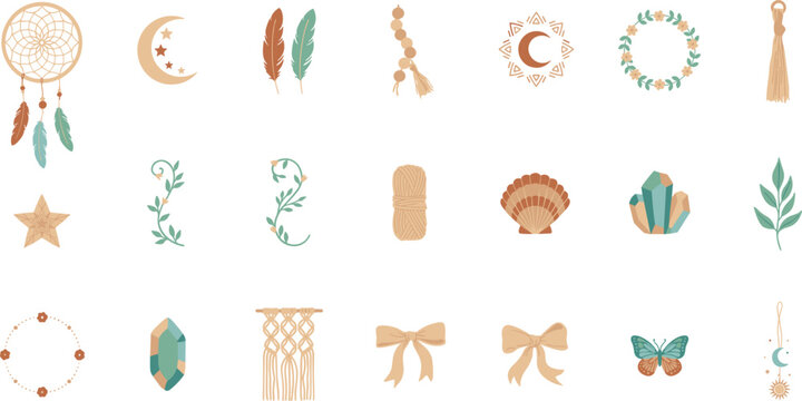 Minimalist boho chic illustrations with dream catcher moon star shells leaves and spiritual ornaments
