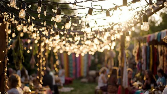 Festive Outdoor Market with String Lights and Colorful Stalls.