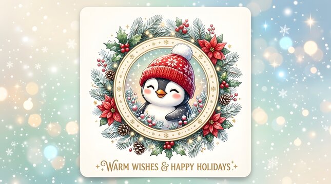 Cute penguin wearing a red winter hat inside a christmas wreath with holiday greeting
