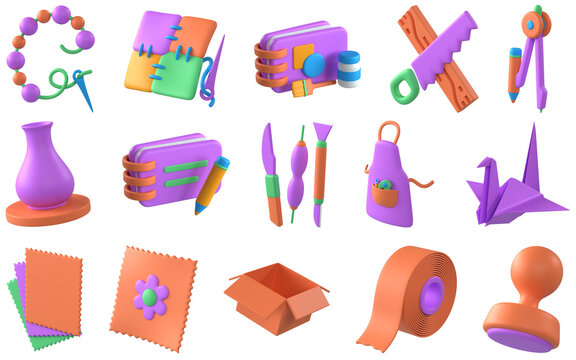 Vibrant 3D craft supplies collection, colorful creative hobby tools and art materials