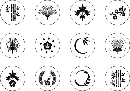 Traditional Japanese kamon family crest vector icons set featuring black circular botanical symbols bamboo ginkgo and maple leaf motifs