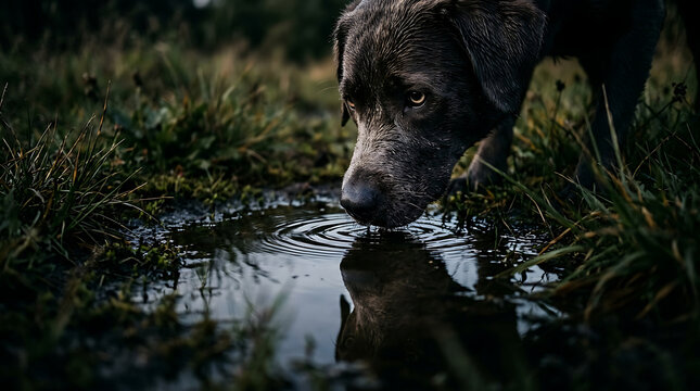 A dark-haired dog drinks from a muddy puddle, reflecting its curious gaze in the water outdoors.
