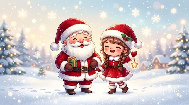 Cute santa claus and little girl holding christmas gifts in a snowy winter forest landscape