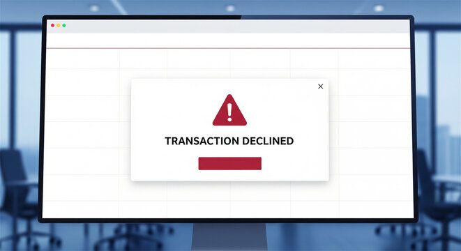 Transaction declined error message on computer screen, failed online payment notification, digital banking security alert in office