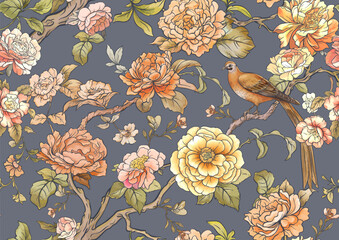 Elegant seamless chinoiserie pattern with birds, peonies, blossoms, and botanical branches in soft tones. Ideal for wallpaper, fabric, wrapping paper, and decorative backgrounds. © Elen  Lane