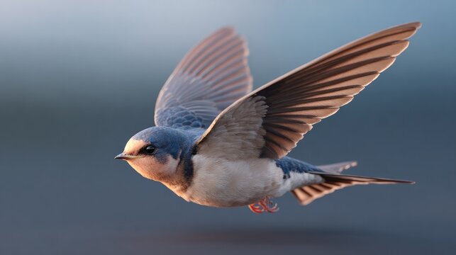 Swallow in Mid-flight: A swift swallow in mid-flight showcases its agile wings and delicate features against a softly blurred background, capturing the essence of freedom and natural beauty.