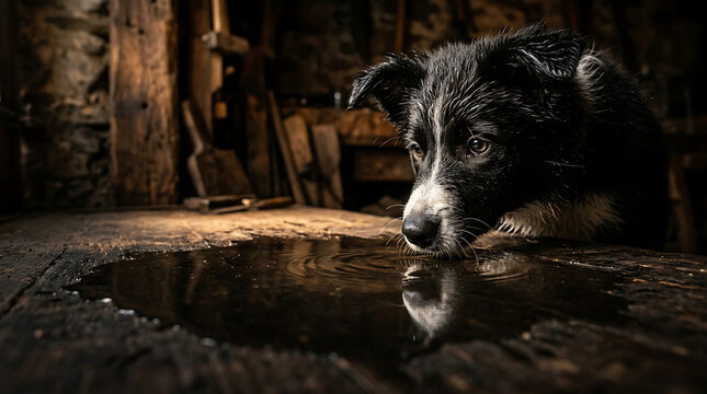 A wet puppy's face peering into a reflective puddle in a rustic, shadowy environment