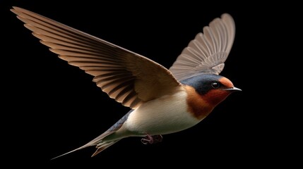 Obraz premium Barn Swallow in Flight: A beautiful barn swallow with distinct coloring and wings spread wide soars through the air with elegance and precision.
